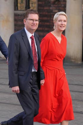 German Unity Day celebrations in Bremen: Manuela Schwesig, SPD Minister-President of Mecklenburg-Western Pomerania, with her husband Stefan Schwesig upon their arrival at the 2026 German Unity Day celebrations in Bremen, Bremen, October 3, 2026, Bremen, Germany