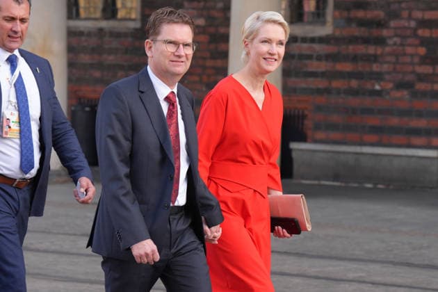 German Unity Day celebrations in Bremen: Manuela Schwesig, SPD Minister-President of Mecklenburg-Western Pomerania, with her husband Stefan Schwesig upon their arrival at the 2026 German Unity Day celebrations in Bremen, Bremen, October 3, 2026, Bremen, Germany