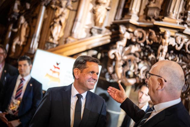 Ecumenical service at St. Petri Cathedral: Olaf Lies, Minister-President of Lower Saxony, with Dietmar Woidke, Minister-President of Brandenburg (from left). Official central celebrations for German Unity Day 2026 in Bremen, Bremen, Germany, downtown