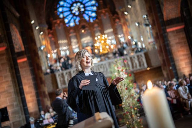 Ecumenical service at St. Petri Cathedral; Nina Kleinsorge, pastor, leads the service; Official central celebrations for German Unity Day 2026 in Bremen, Bremen, Germany, downtown