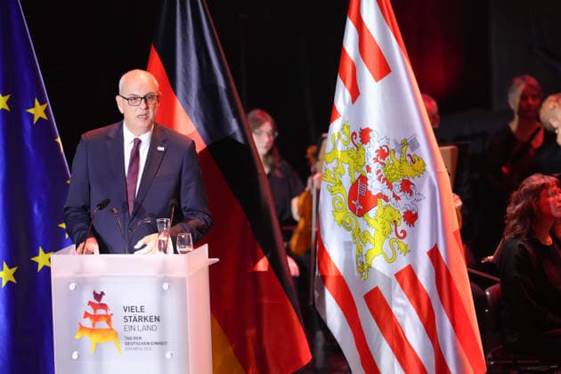 German Unity Day Ceremony in Bremen: Andreas Bovenschulte, President of the Bundesrat and Mayor of Bremen, delivering his speech at the German Unity Day ceremony at the Glocke, Bremen, October 3, 2026, Bremen, Germany
