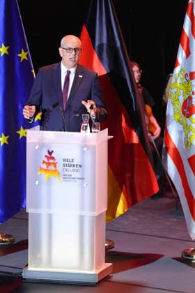 German Unity Day Ceremony in Bremen: Andreas Bovenschulte, President of the Bundesrat and Mayor of Bremen, delivering his speech at the German Unity Day ceremony at the Glocke, Bremen, October 3, 2026, Bremen, Germany