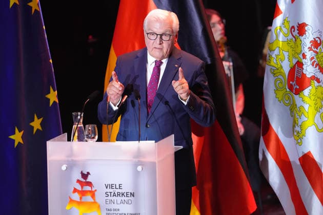 German Unity Day Ceremony in Bremen: A portrait of Federal President Frank Walter Steinmeier, with a solemn gesture and expression, during his speech at the German Unity Day ceremony at the Glocke, Bremen, October 3, 2026, Bremen, Germany