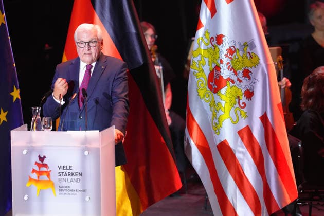 German Unity Day Ceremony in Bremen: A portrait of Federal President Frank Walter Steinmeier, with a solemn gesture and expression, during his speech at the German Unity Day ceremony at the Glocke, Bremen, October 3, 2026, Bremen, Germany