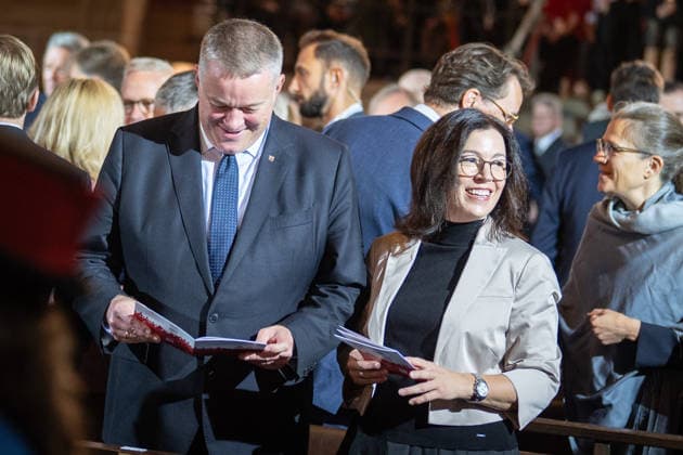 Ecumenical service at St. Petri Cathedral; Gordon Schnieder, Minister-President of Rhineland-Palatinate, with his wife Diane Schnieder; Official central celebrations for German Unity Day 2026 in Bremen, Bremen, Germany; Downtown Bremen