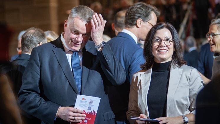 Ecumenical service at St. Petri Cathedral; Gordon Schnieder, Minister-President of Rhineland-Palatinate, with his wife Diane Schnieder; Official central celebrations for German Unity Day 2026 in Bremen, Bremen, Germany; Downtown Bremen