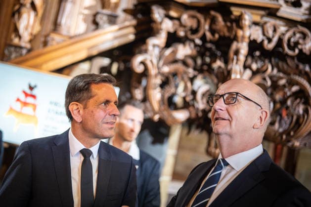 Ecumenical service at St. Petri Cathedral: Olaf Lies, Minister-President of Lower Saxony, with Dietmar Woidke, Minister-President of Brandenburg (from left). Official central celebrations for German Unity Day 2026 in Bremen, Bremen, Germany, downtown