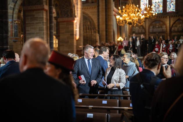 Ecumenical service at St. Petri Cathedral; Gordon Schnieder, Minister-President of Rhineland-Palatinate, with his wife Diane Schnieder; Official central celebrations for German Unity Day 2026 in Bremen, Bremen, Germany; Downtown Bremen