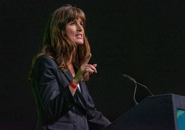October 3, 2026, Brighton, United Kingdom: Green Party Deputy Leader, Rachel Millward seen addressing the Brighton Centre during the Green Party Autumn Conference. Millward used her address on the main stage to highlight the party s surge in membership, while outlining alternative policies on public services, energy infrastructure, and green housing solutions. Brighton United Kingdom - ZUMAs197 20261003_aaa_s197_015 Copyright: xGaryxRobertsx