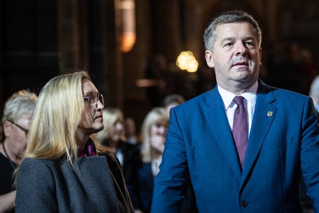 Ecumenical service at St. Petri Cathedral; Sven Schulze, acting Minister-President of Saxony-Anhalt, with his wife Kati; Official central celebrations for German Unity Day 2026 in Bremen, Bremen, Germany, downtown