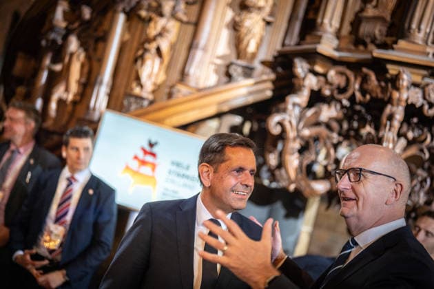 Ecumenical service at St. Petri Cathedral: Olaf Lies, Minister-President of Lower Saxony, with Dietmar Woidke, Minister-President of Brandenburg (from left). Official central celebrations for German Unity Day 2026 in Bremen, Bremen, Germany, downtown