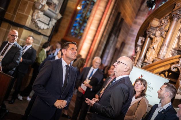 Ecumenical service at St. Petri Cathedral: Olaf Lies, Minister-President of Lower Saxony, with Dietmar Woidke, Minister-President of Brandenburg (from left). Official central celebrations for German Unity Day 2026 in Bremen, Bremen, Germany, downtown