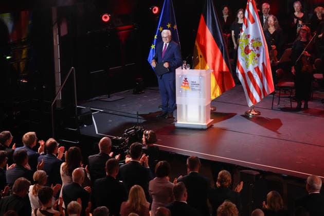German Unity Day Ceremony in Bremen: Standing Ovations for Federal President Frank Walter Steinmeier Following His Speech at the German Unity Day Ceremony at Die Glocke, Bremen, October 3, 2026, Bremen, Germany
