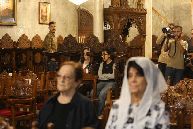 October 3, 2026, Gaza City, Gaza Strip, Palestinian Territory: Palestinian Christians gather to bid farewell and pray beside the bodies of Maysaa Abu Daoud and her daughter, Mary Abu Daoud, who were killed in an Israeli airstrike that targeted a residential apartment in western Gaza City. Funeral prayers are held at St. Porphyrios Church in the Zeitoun neighborhood of southeastern Gaza City. Gaza City Palestinian Territory - ZUMAz119 20261003_zip_z119_043 Copyright: xSalahxHashemx