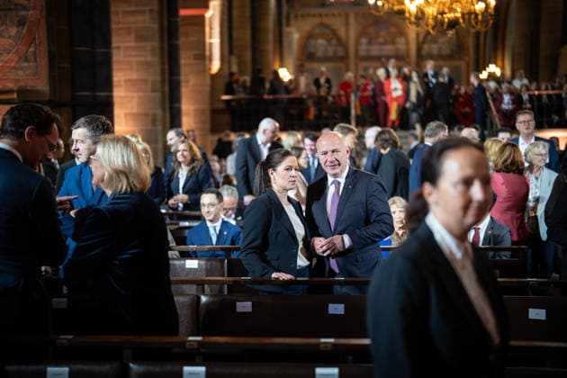 Ecumenical service at St. Petri Cathedral Kai Wegner, acting Governing Mayor of Berlin, with his partner Katharina Günther Wünsch, acting Senator for Education, Youth, and Family in Berlin Official central celebrations for German Unity Day 2026 in Bremen, Bremen, Germany; downtown