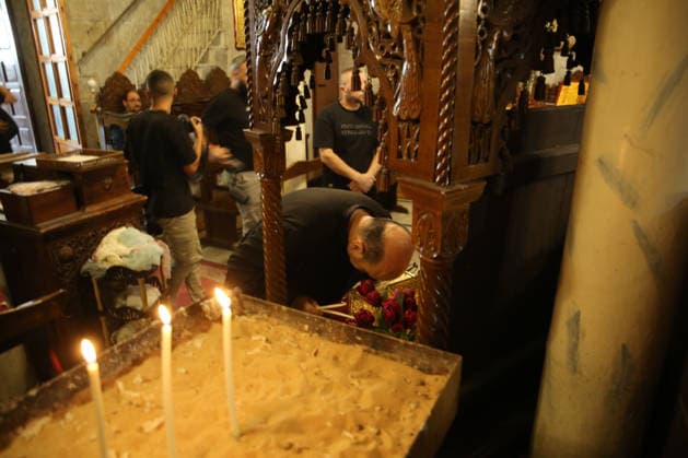 October 3, 2026, Gaza City, Gaza Strip, Palestinian Territory: Palestinian Christians gather to bid farewell and pray beside the bodies of Maysaa Abu Daoud and her daughter, Mary Abu Daoud, who were killed in an Israeli airstrike that targeted a residential apartment in western Gaza City. Funeral prayers are held at St. Porphyrios Church in the Zeitoun neighborhood of southeastern Gaza City. Gaza City Palestinian Territory - ZUMAz119 20261003_zip_z119_048 Copyright: xSalahxHashemx