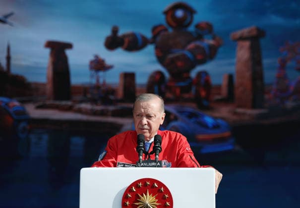 Turkish President Erdogan visits the TEKNOFEST Southeast in Sanliurfa SANLIURFA, TURKIYE - OCTOBER 03: (----EDITORIAL USE ONLY - MANDATORY CREDIT - TURKISH PRESIDENCY MUSTAFA KAMACI HANDOUT - NO MARKETING NO ADVERTISING CAMPAIGNS - DISTRIBUTED AS A SERVICE TO CLIENTS----) Turkish President Recep Tayyip Erdogan delivers a speech during his visit to the Aerospace, Space and Technology Festival (TEKNOFEST) Southeast at Sanliurfa GAP Airport in Sanliurfa, Turkiye on October 3, 2026. Turkish Presidency Mustafa Kamaci Handout Anadolu Sanliurfa Turkey. Editorial use only. Please get in touch for any other usage.  Copyright: x2026xAnadoluxTurkishxPresidencyx xMustafaxKamacix xHandoutx