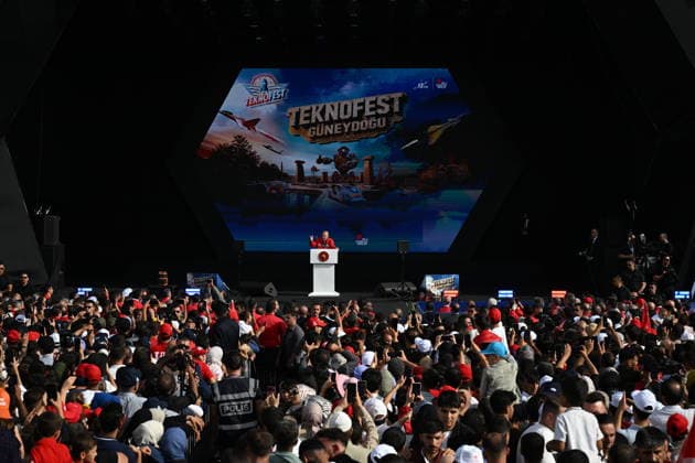 Turkish President Erdogan visits the TEKNOFEST Southeast in Sanliurfa SANLIURFA, TURKIYE - OCTOBER 03: Turkish President Recep Tayyip Erdogan delivers a speech during his visit to the Aerospace, Space and Technology Festival (TEKNOFEST) Southeast at Sanliurfa GAP Airport in Sanliurfa, Turkiye on October 3, 2026. Ozkan Bilgin Anadolu Sanliurfa Turkey. Editorial use only. Please get in touch for any other usage. Copyright: x2026xAnadoluxOzkanxBilginx