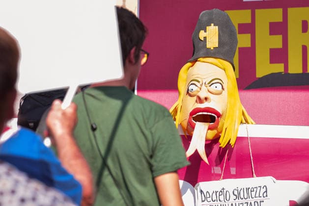 October 3, 2026, Rome, Rome, Italy: A mask representing Prime Minister Giorgia Meloni with a headpiece featuring a fascist symbol positioned on stage during the Potere al Popolo demonstration at Piazza Bocca della VeritÃ in Rome on October 3, 2026. Rome Italy  - ZUMAn299 20261003_zip_n299_025 Copyright: xVincenzoxNuzzolesex