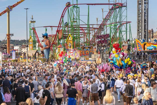 Busy Times at the Cannstatter Wasen According to the organizers, the Cannstatter Volksfest is one of the most beautiful and largest folk festivals in the world. On the holiday, the festival grounds were very well attended. A total of about three million guests are expected. October 3, 2026, Stuttgart, Baden-Württemberg, Germany
