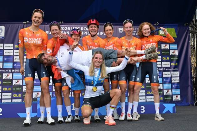 Netherlands Demi Vollering celebrates on the podium with the Netherlands team after winning the elite women Road Race race (130 km) at the cycling UEC Road European Championships, in Ljubljana, Slovenia Saturday 3 October 2026. The UEC Road European Championships are taking place from 02 to 07 October in Ljubljana, Slovenia. DAVIDxPINTENS 188624320