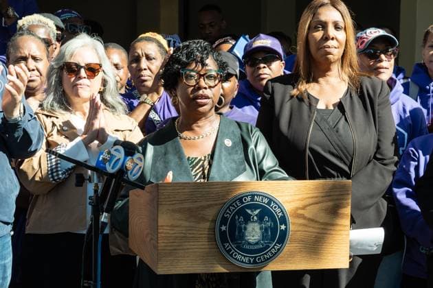 October 3, 2026, Bronx, New York, USA: Bronx District Attorney Darcel Clark speaks at State Attorney General Letitia James rally to help New Yorkers protect their homes at Bronx Bethany Church in the Bronx borough of New York, NY on October 3, 2026 Bronx USA - ZUMAr339 20261003_znp_r339_011 Copyright: xLevxRadinx