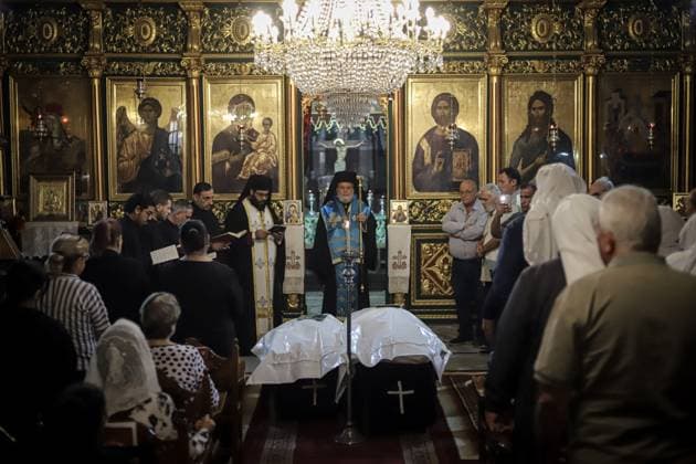 Funeral Held for Christian Mother and Daughter Killed in Gaza City Strike GAZA, PALESTINE OCTOBER 3, 2026: Mourners attended the funeral of Christian mother Maysa Abu Dawood and her daughter Mary at Saint Porphyrius Church in Gaza City on Saturday, after they were killed early in the morning when an Israeli airstrike hit their residential apartment in the city. Mukhtars, community reconciliation figures and members of the Palestinian Civil Defense attended the funeral. The funeral was held at Saint Porphyrius Church, where mourners gathered to pay their respects to the mother and daughter. Gaza Palestine, State of Copyright: x xMohammedxMxSkaikx xJNAxPressx