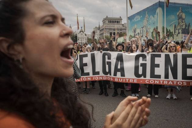 October 3, 2026, Madrid, Spain: MADRID, SPAIN †OCTOBER 3, 2026: Tens of thousands of people took part in a housing rights demonstration in Madrid organized by the Madrid Tenants Union, which called for a general strike across Spain until measures against real estate speculation in Madrid are approved. The march came one week after a large protest encampment began at Puerta del Sol. The encampment prompted the government to approve two decrees containing housing measures demanded by activists, although Parliament rejected the measures the previous Friday. Demonstrators marched through Madrid as part of the ongoing campaign over housing rights and measures addressing real estate speculation. Madrid Spain - ZUMAq101 20261003_zna_q101_100 Copyright: xJairoxVargasxMartoÂNx
