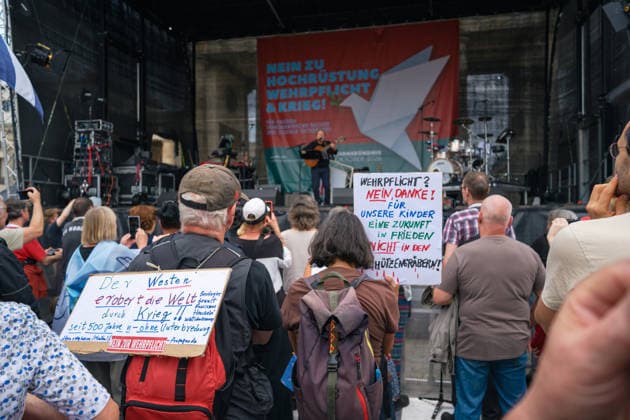 October 3, 2026, Berlin, Berlin, Germany: Thousands of people of all ages, including many school-age teenagers, marched through Berlinâ€⠢s Mitte district to protest mandatory military service, cuts to social services and increased spending on the arms industry. Berlin Germany - ZUMAk201 20261003_zip_k201_001 Copyright: xNikosxKanistrasx