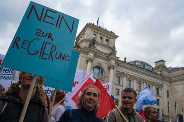 October 3, 2026, Berlin, Berlin, Germany: Thousands of people of all ages, including many school-age teenagers, marched through Berlinâ€⠢s Mitte district to protest mandatory military service, cuts to social services and increased spending on the arms industry. Berlin Germany - ZUMAk201 20261003_zip_k201_006 Copyright: xNikosxKanistrasx