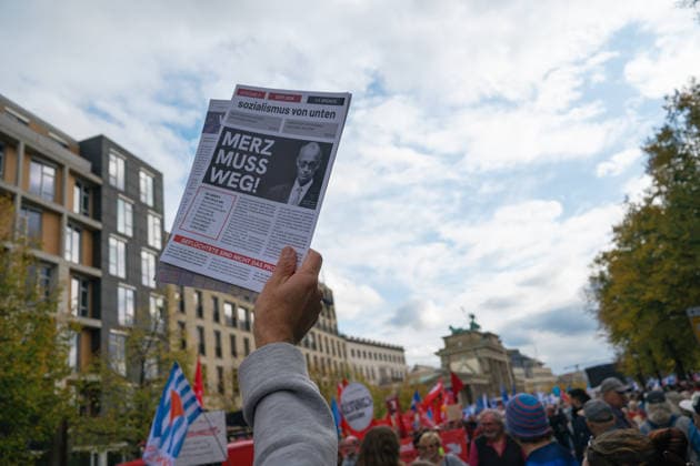 October 3, 2026, Berlin, Berlin, Germany: Thousands of people of all ages, including many school-age teenagers, marched through Berlinâ€⠢s Mitte district to protest mandatory military service, cuts to social services and increased spending on the arms industry. Berlin Germany - ZUMAk201 20261003_zip_k201_008 Copyright: xNikosxKanistrasx