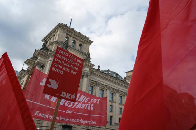 October 3, 2026, Berlin, Berlin, Germany: Thousands of people of all ages, including many school-age teenagers, marched through Berlinâ€⠢s Mitte district to protest mandatory military service, cuts to social services and increased spending on the arms industry. Berlin Germany - ZUMAk201 20261003_zip_k201_009 Copyright: xNikosxKanistrasx