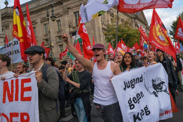 October 3, 2026, Berlin, Berlin, Germany: Thousands of people of all ages, including many school-age teenagers, marched through Berlinâ€⠢s Mitte district to protest mandatory military service, cuts to social services and increased spending on the arms industry. Berlin Germany - ZUMAk201 20261003_zip_k201_015 Copyright: xNikosxKanistrasx