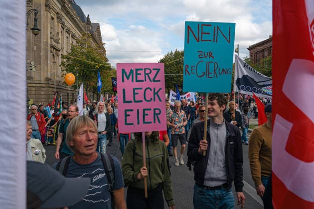 October 3, 2026, Berlin, Berlin, Germany: Thousands of people of all ages, including many school-age teenagers, marched through Berlinâ€⠢s Mitte district to protest mandatory military service, cuts to social services and increased spending on the arms industry. Berlin Germany - ZUMAk201 20261003_zip_k201_013 Copyright: xNikosxKanistrasx