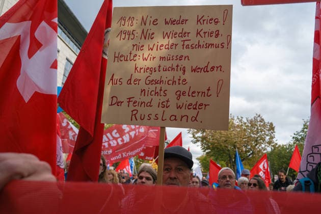 October 3, 2026, Berlin, Berlin, Germany: Thousands of people of all ages, including many school-age teenagers, marched through Berlinâ€⠢s Mitte district to protest mandatory military service, cuts to social services and increased spending on the arms industry. Berlin Germany - ZUMAk201 20261003_zip_k201_020 Copyright: xNikosxKanistrasx