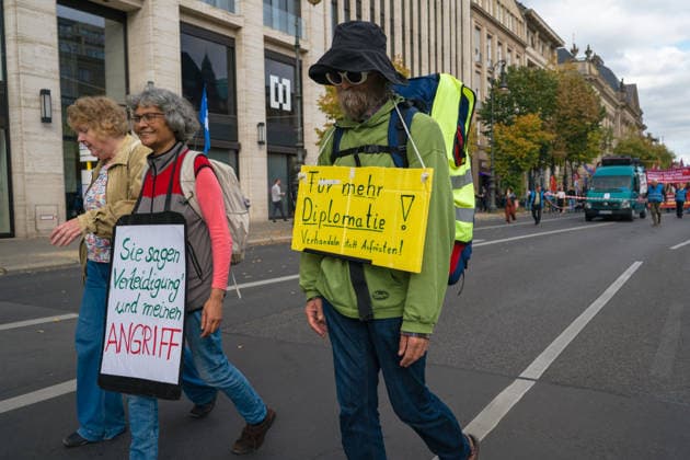 October 3, 2026, Berlin, Berlin, Germany: Thousands of people of all ages, including many school-age teenagers, marched through Berlinâ€⠢s Mitte district to protest mandatory military service, cuts to social services and increased spending on the arms industry. Berlin Germany - ZUMAk201 20261003_zip_k201_017 Copyright: xNikosxKanistrasx