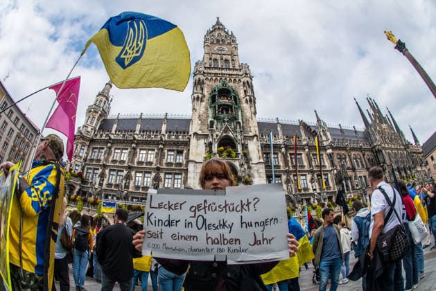 October 3, 2026, Munich, Bavaria, Germany: Coinciding with the Tag der Deutschen Einheit (Day of German Unity), Ukrainians in Munich, Germany not only celebrated the reunification of East and West Germany, they celebrated Ukrainian unity and made pleas to the world to avoid a humanitarian catastrophe and famine in Oleshky, a city in UkraineÃ¢â‚¬â ¢s Kherson region where some 6,000 civilians (with 200 children) are currently under complete isolation via a Russian blockade. Munich Germany  - ZUMAb160 20261003_abp_b160_006 Copyright: xSachellexBabbarx