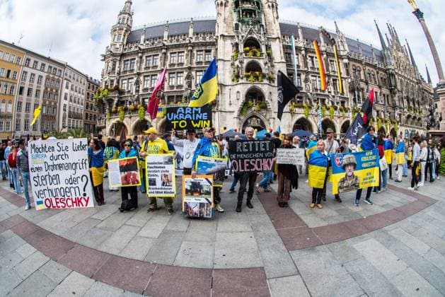 October 3, 2026, Munich, Bavaria, Germany: Coinciding with the Tag der Deutschen Einheit (Day of German Unity), Ukrainians in Munich, Germany not only celebrated the reunification of East and West Germany, they celebrated Ukrainian unity and made pleas to the world to avoid a humanitarian catastrophe and famine in Oleshky, a city in Ukraineâ€⠢s Kherson region where some 6,000 civilians (with 200 children) are currently under complete isolation via a Russian blockade. Munich Germany - ZUMAb160 20261003_abp_b160_002 Copyright: xSachellexBabbarx