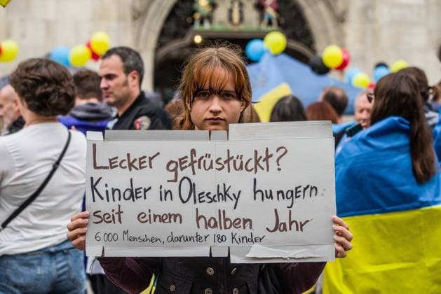 October 3, 2026, Munich, Bavaria, Germany: Coinciding with the Tag der Deutschen Einheit (Day of German Unity), Ukrainians in Munich, Germany not only celebrated the reunification of East and West Germany, they celebrated Ukrainian unity and made pleas to the world to avoid a humanitarian catastrophe and famine in Oleshky, a city in Ukraineâ€⠢s Kherson region where some 6,000 civilians (with 200 children) are currently under complete isolation via a Russian blockade. Munich Germany - ZUMAb160 20261003_abp_b160_003 Copyright: xSachellexBabbarx