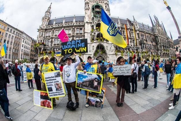 October 3, 2026, Munich, Bavaria, Germany: Coinciding with the Tag der Deutschen Einheit (Day of German Unity), Ukrainians in Munich, Germany not only celebrated the reunification of East and West Germany, they celebrated Ukrainian unity and made pleas to the world to avoid a humanitarian catastrophe and famine in Oleshky, a city in Ukraineâ€⠢s Kherson region where some 6,000 civilians (with 200 children) are currently under complete isolation via a Russian blockade. Munich Germany - ZUMAb160 20261003_abp_b160_012 Copyright: xSachellexBabbarx