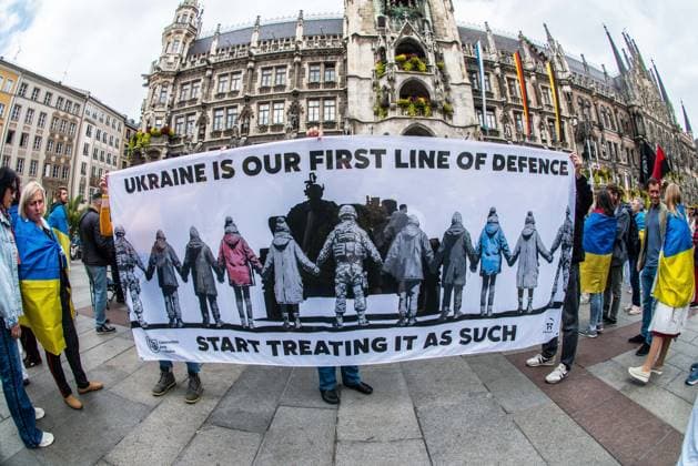 October 3, 2026, Munich, Bavaria, Germany: Coinciding with the Tag der Deutschen Einheit (Day of German Unity), Ukrainians in Munich, Germany not only celebrated the reunification of East and West Germany, they celebrated Ukrainian unity and made pleas to the world to avoid a humanitarian catastrophe and famine in Oleshky, a city in Ukraineâ€⠢s Kherson region where some 6,000 civilians (with 200 children) are currently under complete isolation via a Russian blockade. Munich Germany - ZUMAb160 20261003_abp_b160_018 Copyright: xSachellexBabbarx