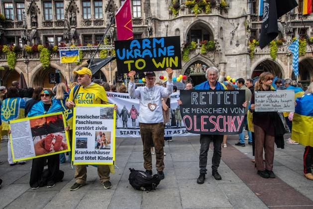 October 3, 2026, Munich, Bavaria, Germany: Coinciding with the Tag der Deutschen Einheit (Day of German Unity), Ukrainians in Munich, Germany not only celebrated the reunification of East and West Germany, they celebrated Ukrainian unity and made pleas to the world to avoid a humanitarian catastrophe and famine in Oleshky, a city in Ukraineâ€⠢s Kherson region where some 6,000 civilians (with 200 children) are currently under complete isolation via a Russian blockade. Munich Germany - ZUMAb160 20261003_abp_b160_020 Copyright: xSachellexBabbarx