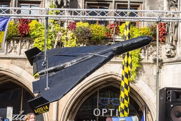 October 3, 2026, Munich, Bavaria, Germany: Thew Ukrainian community of Munich, Germany put a full-size replica of a Shahed drone on display so Germany could see what Ukrainian civilians face daily. Coinciding with the Tag der Deutschen Einheit (Day of German Unity), Ukrainians in Munich, Germany not only celebrated the reunification of East and West Germany, they celebrated Ukrainian unity and made pleas to the world to avoid a humanitarian catastrophe and famine in Oleshky, a city in Ukraineâ€⠢s Kherson region where some 6,000 civilians (with 200 children) are currently under complete isolation via a Russian blockade. Munich Germany - ZUMAb160 20261003_abp_b160_009 Copyright: xSachellexBabbarx
