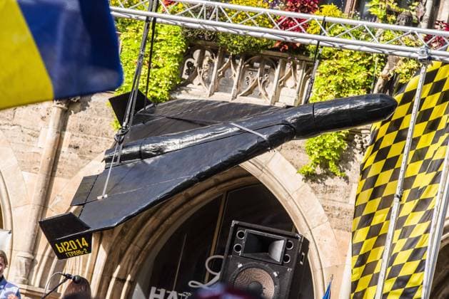 October 3, 2026, Munich, Bavaria, Germany: Thew Ukrainian community of Munich, Germany put a full-size replica of a Shahed drone on display so Germany could see what Ukrainian civilians face daily. Coinciding with the Tag der Deutschen Einheit (Day of German Unity), Ukrainians in Munich, Germany not only celebrated the reunification of East and West Germany, they celebrated Ukrainian unity and made pleas to the world to avoid a humanitarian catastrophe and famine in Oleshky, a city in Ukraineâ€⠢s Kherson region where some 6,000 civilians (with 200 children) are currently under complete isolation via a Russian blockade. Munich Germany - ZUMAb160 20261003_abp_b160_014 Copyright: xSachellexBabbarx