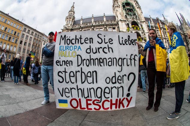 October 3, 2026, Munich, Bavaria, Germany: Coinciding with the Tag der Deutschen Einheit (Day of German Unity), Ukrainians in Munich, Germany not only celebrated the reunification of East and West Germany, they celebrated Ukrainian unity and made pleas to the world to avoid a humanitarian catastrophe and famine in Oleshky, a city in Ukraineâ€⠢s Kherson region where some 6,000 civilians (with 200 children) are currently under complete isolation via a Russian blockade. Munich Germany - ZUMAb160 20261003_abp_b160_025 Copyright: xSachellexBabbarx