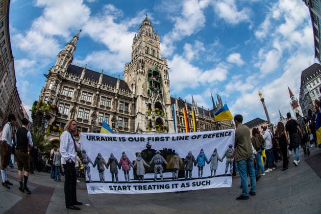 October 3, 2026, Munich, Bavaria, Germany: Coinciding with the Tag der Deutschen Einheit (Day of German Unity), Ukrainians in Munich, Germany not only celebrated the reunification of East and West Germany, they celebrated Ukrainian unity and made pleas to the world to avoid a humanitarian catastrophe and famine in Oleshky, a city in Ukraineâ€⠢s Kherson region where some 6,000 civilians (with 200 children) are currently under complete isolation via a Russian blockade. Munich Germany - ZUMAb160 20261003_abp_b160_026 Copyright: xSachellexBabbarx