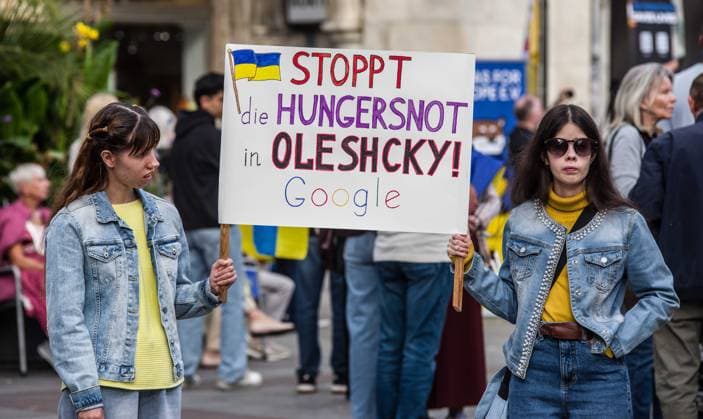 October 3, 2026, Munich, Bavaria, Germany: Coinciding with the Tag der Deutschen Einheit (Day of German Unity), Ukrainians in Munich, Germany not only celebrated the reunification of East and West Germany, they celebrated Ukrainian unity and made pleas to the world to avoid a humanitarian catastrophe and famine in Oleshky, a city in Ukraineâ€⠢s Kherson region where some 6,000 civilians (with 200 children) are currently under complete isolation via a Russian blockade. Munich Germany - ZUMAb160 20261003_abp_b160_028 Copyright: xSachellexBabbarx