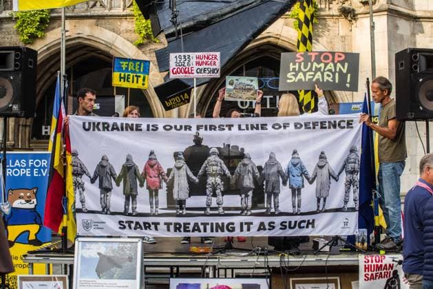 October 3, 2026, Munich, Bavaria, Germany: Coinciding with the Tag der Deutschen Einheit (Day of German Unity), Ukrainians in Munich, Germany not only celebrated the reunification of East and West Germany, they celebrated Ukrainian unity and made pleas to the world to avoid a humanitarian catastrophe and famine in Oleshky, a city in Ukraineâ€⠢s Kherson region where some 6,000 civilians (with 200 children) are currently under complete isolation via a Russian blockade. Munich Germany - ZUMAb160 20261003_abp_b160_024 Copyright: xSachellexBabbarx