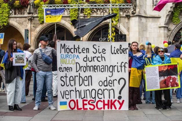 October 3, 2026, Munich, Bavaria, Germany: Coinciding with the Tag der Deutschen Einheit (Day of German Unity), Ukrainians in Munich, Germany not only celebrated the reunification of East and West Germany, they celebrated Ukrainian unity and made pleas to the world to avoid a humanitarian catastrophe and famine in Oleshky, a city in Ukraineâ€⠢s Kherson region where some 6,000 civilians (with 200 children) are currently under complete isolation via a Russian blockade. Munich Germany - ZUMAb160 20261003_abp_b160_032 Copyright: xSachellexBabbarx