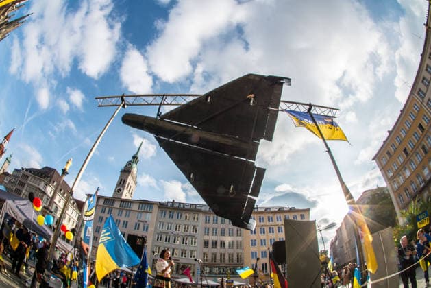 October 3, 2026, Munich, Bavaria, Germany: Thew Ukrainian community of Munich, Germany put a full-size replica of a Shahed drone on display so Germany could see what Ukrainian civilians face daily. Coinciding with the Tag der Deutschen Einheit (Day of German Unity), Ukrainians in Munich, Germany not only celebrated the reunification of East and West Germany, they celebrated Ukrainian unity and made pleas to the world to avoid a humanitarian catastrophe and famine in Oleshky, a city in Ukraineâ€⠢s Kherson region where some 6,000 civilians (with 200 children) are currently under complete isolation via a Russian blockade. Munich Germany - ZUMAb160 20261003_abp_b160_037 Copyright: xSachellexBabbarx